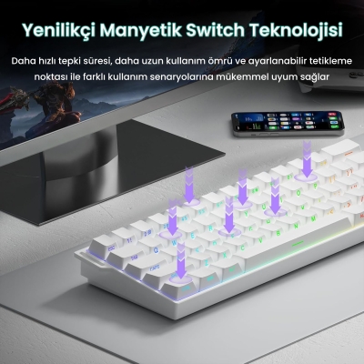 Aula Mini 60 He Pro Hall Effect Manyetik Klavye Rapid Trigger Mistcloud Switch 8000Hz TKL Hot Swap Oyuncu Klavyesi Beyaz - 4