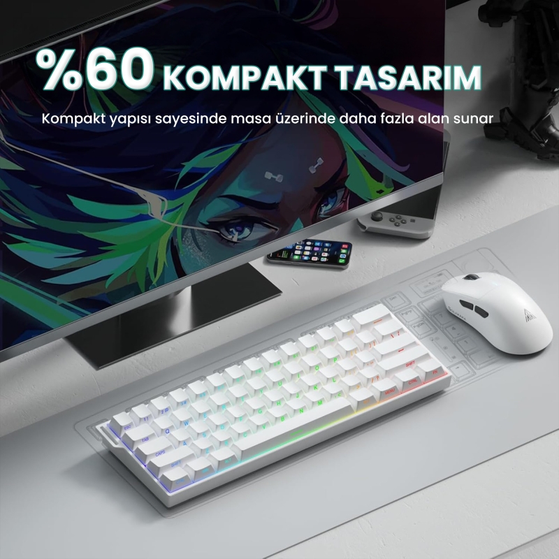 Aula Mini 60 He Pro Hall Effect Manyetik Klavye Rapid Trigger Mistcloud Switch 8000Hz TKL Hot Swap Oyuncu Klavyesi Beyaz - 7