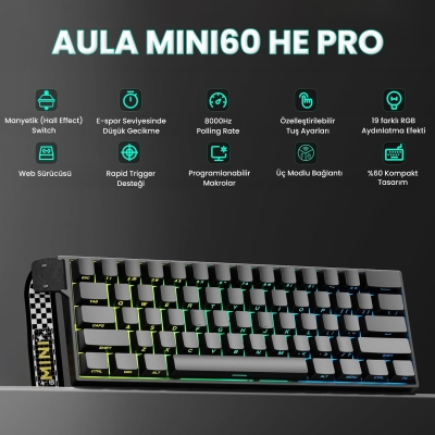 Aula Mini 60 He Pro Hall Effect Manyetik Klavye Rapid Trigger Stromrise Switch 8000Hz TKL Hot Swap Oyuncu Klavyesi Siyah - 2