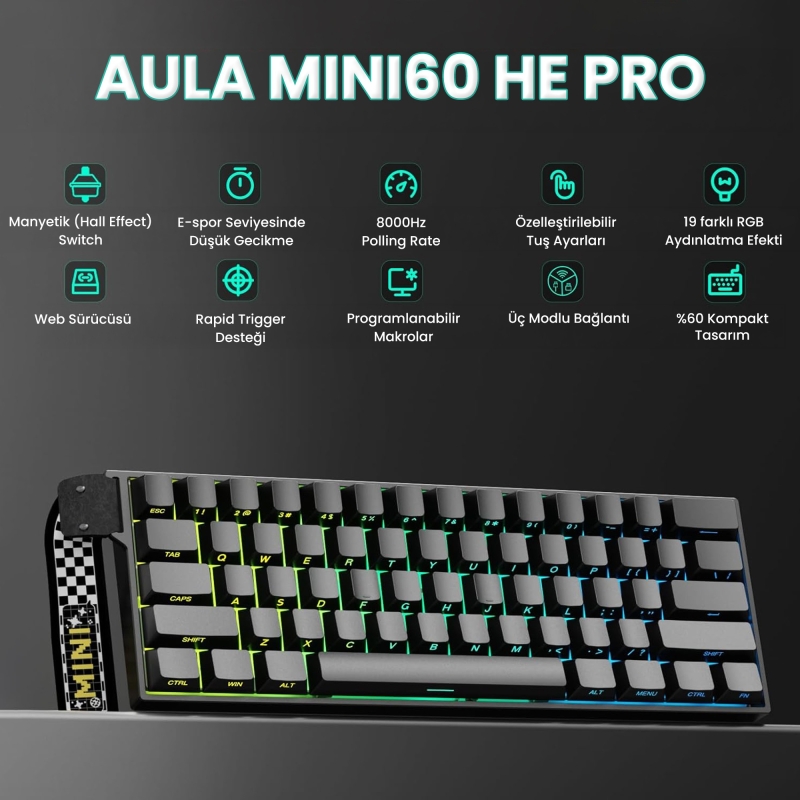 Aula Mini 60 He Pro Hall Effect Manyetik Klavye Rapid Trigger Stromrise Switch 8000Hz TKL Hot Swap Oyuncu Klavyesi Siyah - 2