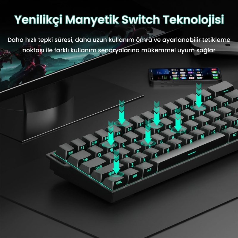 Aula Mini 60 He Pro Hall Effect Manyetik Klavye Rapid Trigger Stromrise Switch 8000Hz TKL Hot Swap Oyuncu Klavyesi Siyah - 4