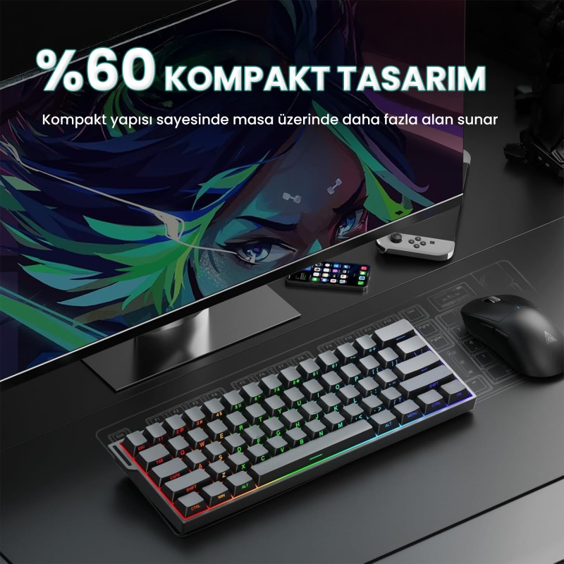 Aula Mini 60 He Pro Hall Effect Manyetik Klavye Rapid Trigger Stromrise Switch 8000Hz TKL Hot Swap Oyuncu Klavyesi Siyah - 7