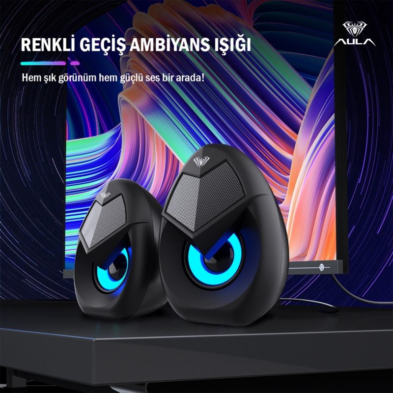 Aula N-69 2*3W RGB LED Işıklı Masaüstü Oyuncu Laptop PC Bilgisayar Hoparlörü - 6