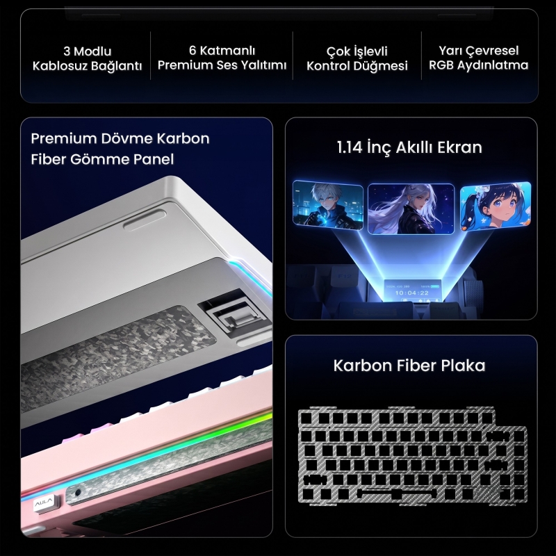 Aula Nova75 Mekanik RGB Klavye TKL Dream Sakura Switch Tri Mode Kablosuz Makrolu Hot Swap Gaming Oyuncu Klavyesi Siyah - 2