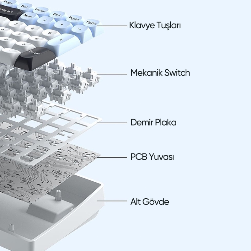 Aula S100 Pro Red Switch How Swap RGB Mekanik Klavye Bluetooth Kablolu Kablosuz Bağlantı Mavi - 5