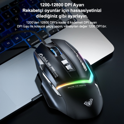 Aula S12 Pro 12800 DPI 8 Tuşlu Makrolu Kablolu Optik Gaming Oyuncu Mouse Beyaz - 6