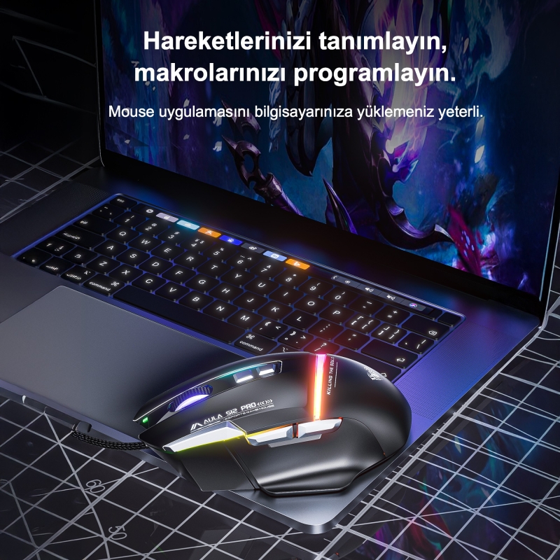 Aula S12 Pro 12800 DPI 8 Tuşlu Makrolu Kablolu Optik Gaming Oyuncu Mouse Siyah - 7