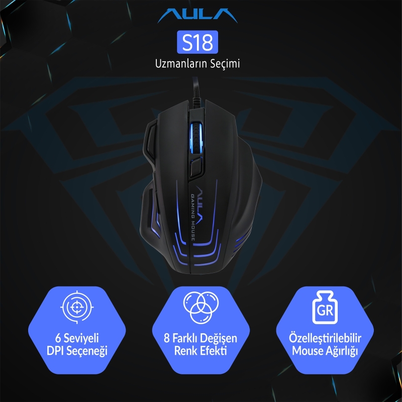 Aula S18 6400DPI RGB 7 Programlanabilir Tuş 1000Hz Gaming Oyuncu Mouse - 3