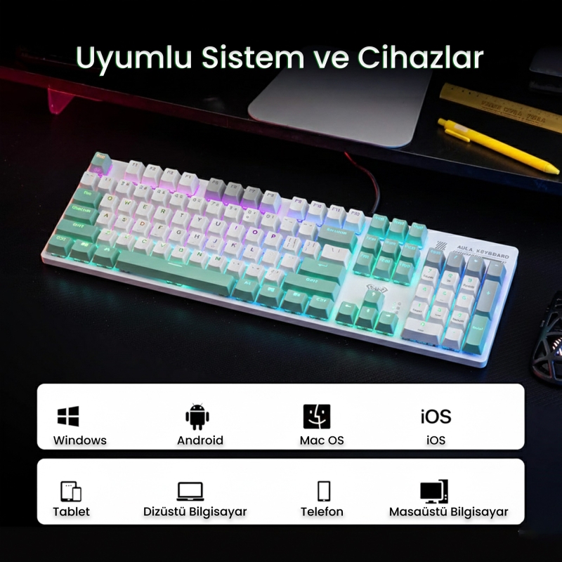 Aula S500 Blue Switch RGB Makrolu Kablolu Gaming Mekanik Oyuncu Klavyesi - 7
