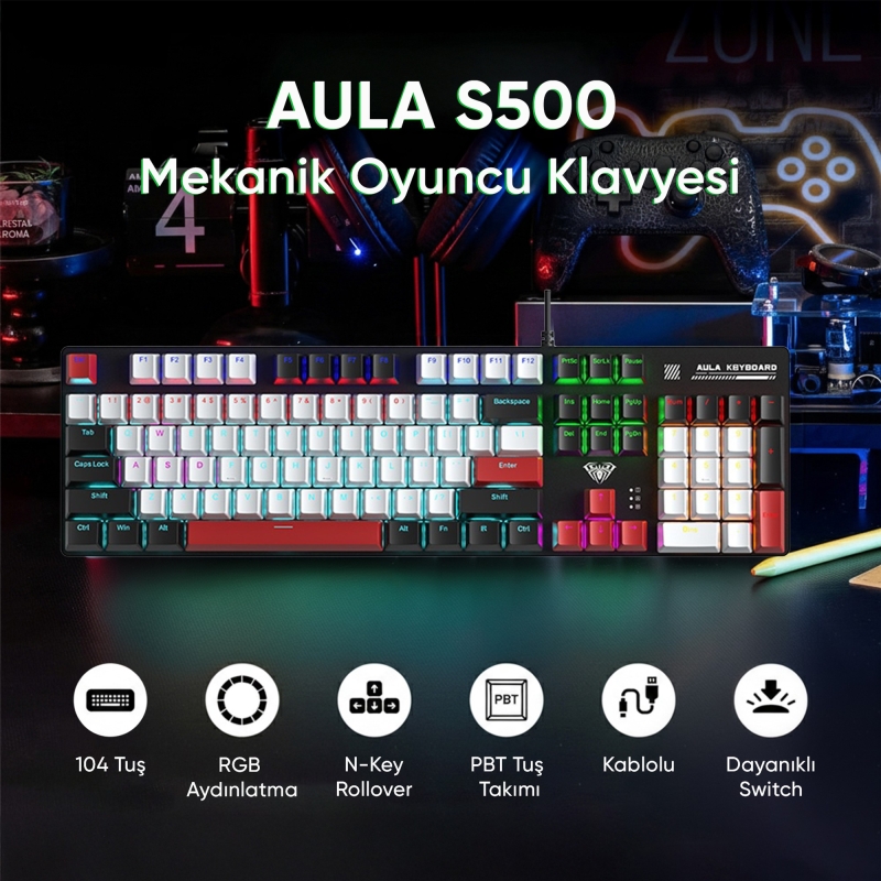 Aula S500 Blue Switch RGB Makrolu Kablolu Gaming Mekanik Oyuncu Klavyesi Kırmızı - 2