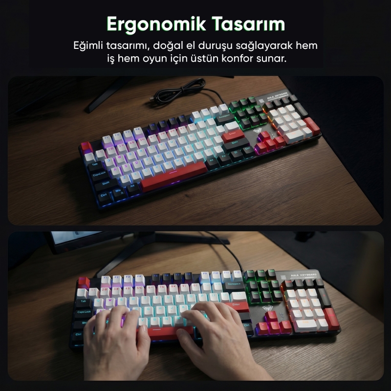 Aula S500 Blue Switch RGB Makrolu Kablolu Gaming Mekanik Oyuncu Klavyesi Kırmızı - 3