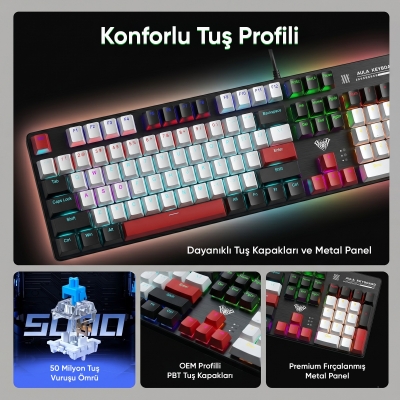 Aula S500 Blue Switch RGB Makrolu Kablolu Gaming Mekanik Oyuncu Klavyesi Kırmızı - 4