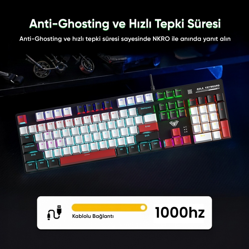 Aula S500 Blue Switch RGB Makrolu Kablolu Gaming Mekanik Oyuncu Klavyesi Kırmızı - 5