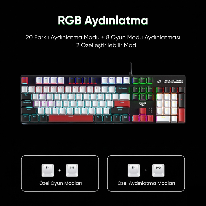 Aula S500 Blue Switch RGB Makrolu Kablolu Gaming Mekanik Oyuncu Klavyesi Kırmızı - 6