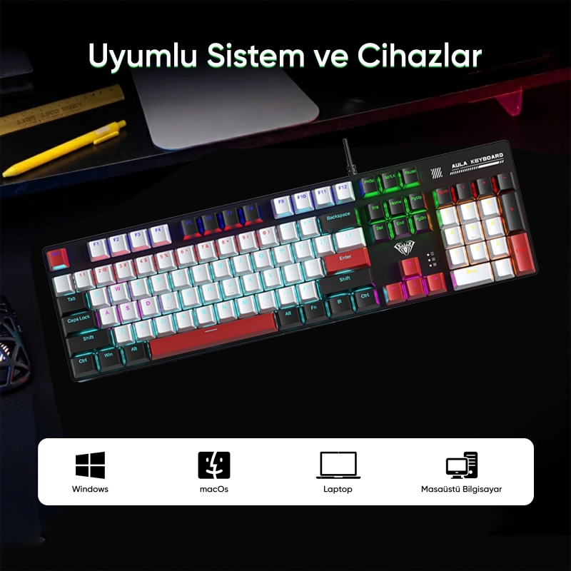 Aula S500 Blue Switch RGB Makrolu Kablolu Gaming Mekanik Oyuncu Klavyesi Kırmızı - 7