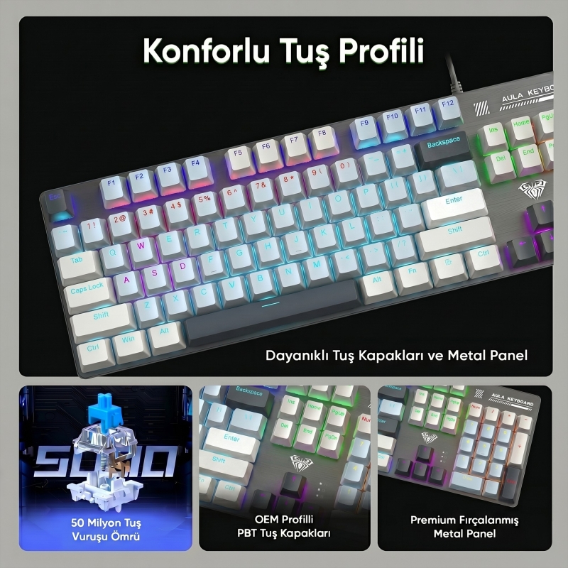 Aula S500 Blue Switch RGB Makrolu Kablolu Gaming Mekanik Oyuncu Klavyesi Mavi - 3
