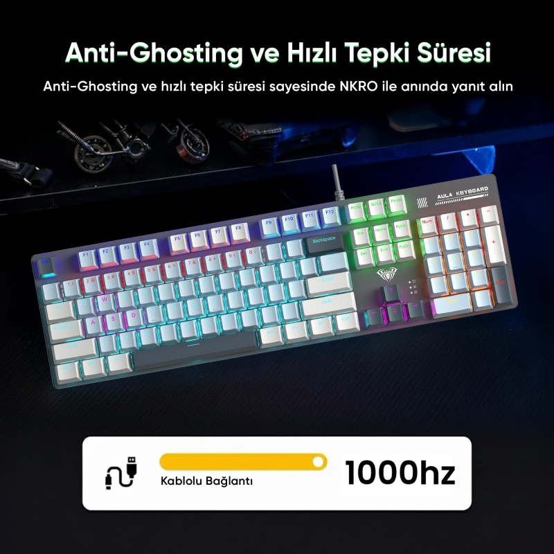Aula S500 Blue Switch RGB Makrolu Kablolu Gaming Mekanik Oyuncu Klavyesi Mavi - 5