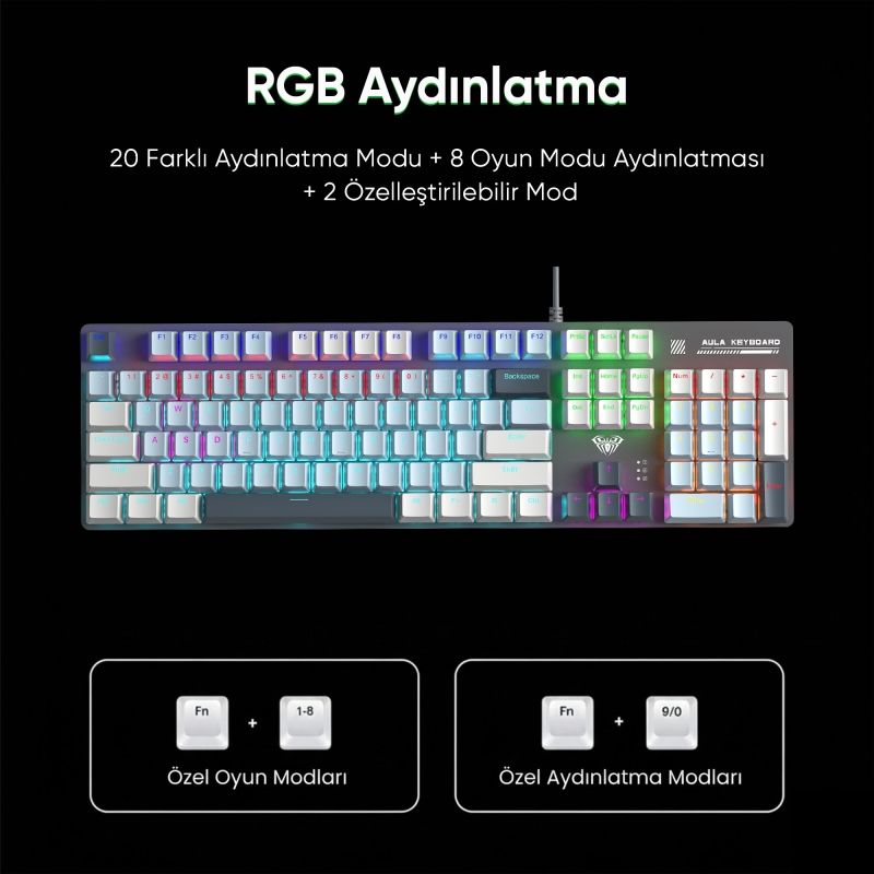 Aula S500 Blue Switch RGB Makrolu Kablolu Gaming Mekanik Oyuncu Klavyesi Mavi - 6
