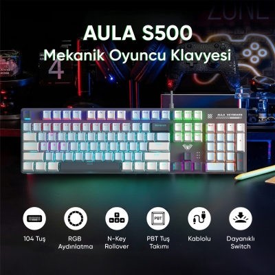 Aula S500 Blue Switch RGB Makrolu Kablolu Gaming Mekanik Oyuncu Klavyesi Mavi - 2