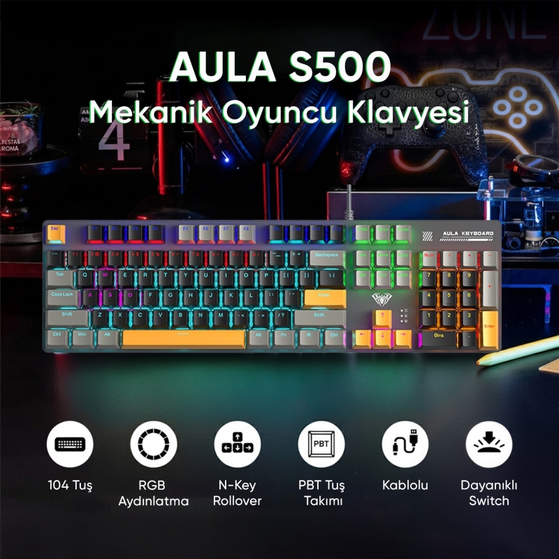 Aula S500 Blue Switch RGB Makrolu Kablolu Gaming Mekanik Oyuncu Klavyesi Sarı - 2