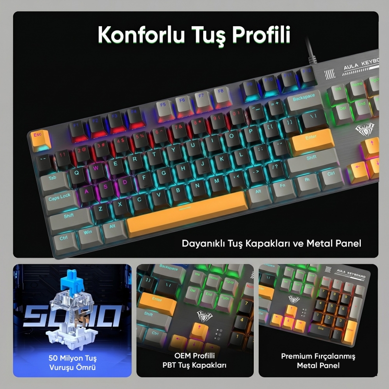 Aula S500 Blue Switch RGB Makrolu Kablolu Gaming Mekanik Oyuncu Klavyesi Sarı - 4