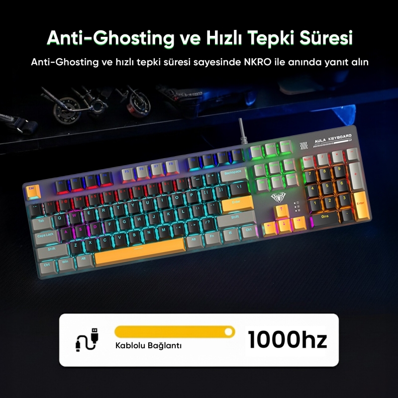 Aula S500 Blue Switch RGB Makrolu Kablolu Gaming Mekanik Oyuncu Klavyesi Sarı - 5