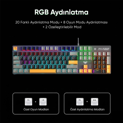 Aula S500 Blue Switch RGB Makrolu Kablolu Gaming Mekanik Oyuncu Klavyesi Sarı - 6