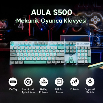 Aula S500 Brown Switch Mavi Led Aydınlatmalı Makrolu Kablolu Gaming Mekanik Oyuncu Klavyesi - 2
