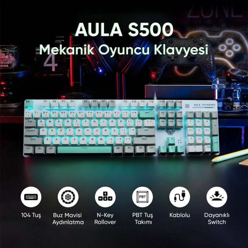 Aula S500 Brown Switch Mavi Led Aydınlatmalı Makrolu Kablolu Gaming Mekanik Oyuncu Klavyesi - 2