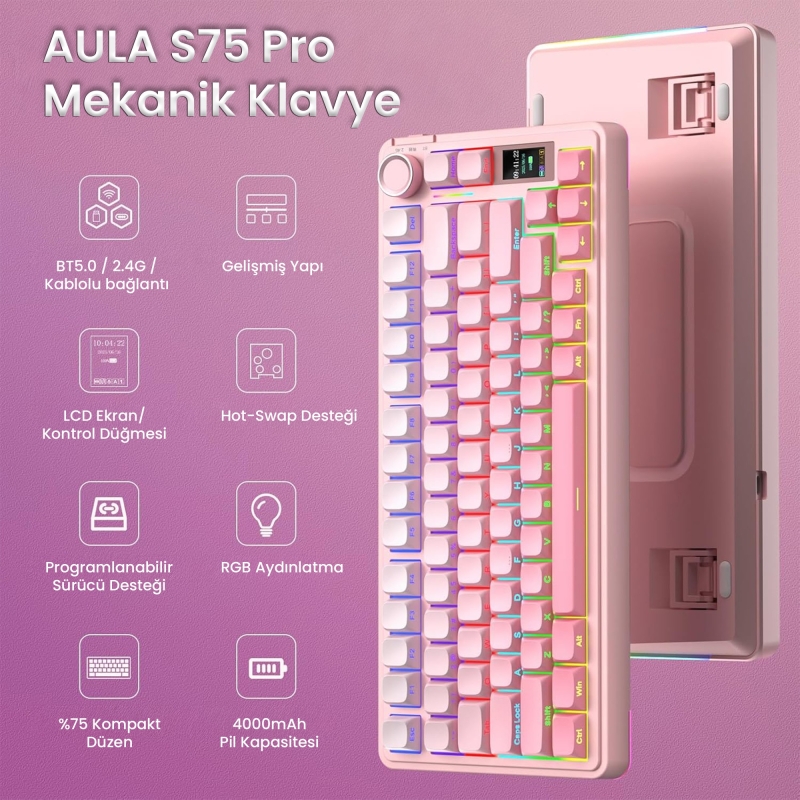 Aula S75 Pro Mekanik RGB TKL GrayWood V3 Switch Kablosuz Makrolu Hot Swap Klavye Gradyan Pembe - 2