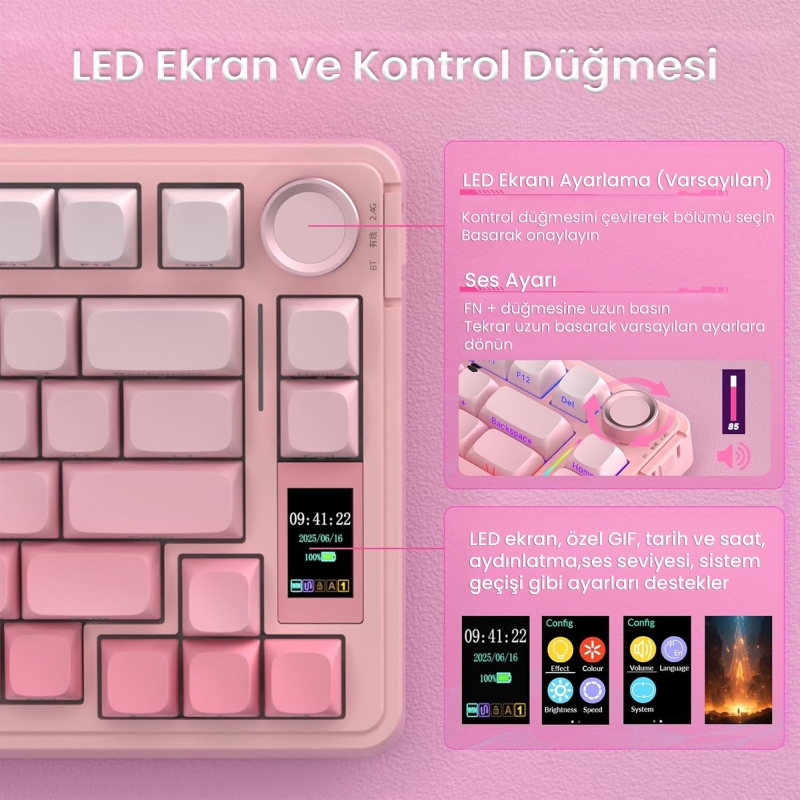 Aula S75 Pro Mekanik RGB TKL GrayWood V3 Switch Kablosuz Makrolu Hot Swap Klavye Gradyan Pembe - 3