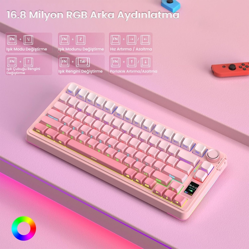 Aula S75 Pro Mekanik RGB TKL GrayWood V3 Switch Kablosuz Makrolu Hot Swap Klavye Gradyan Pembe - 5