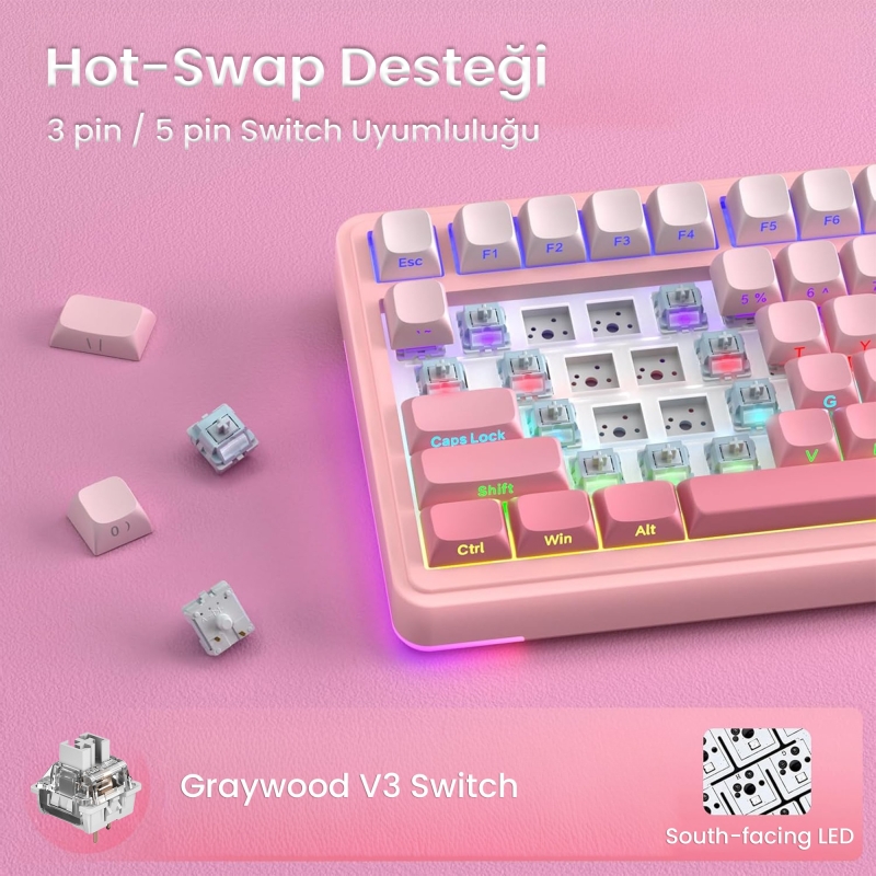 Aula S75 Pro Mekanik RGB TKL GrayWood V3 Switch Kablosuz Makrolu Hot Swap Klavye Gradyan Pembe - 6