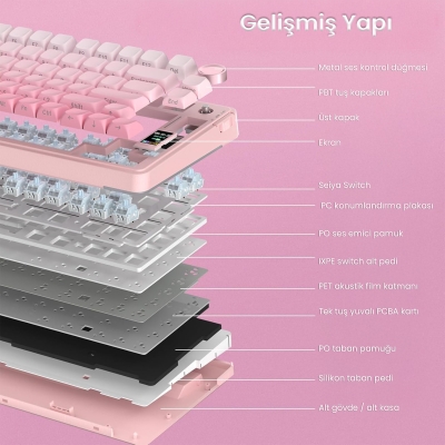 Aula S75 Pro Mekanik RGB TKL GrayWood V3 Switch Kablosuz Makrolu Hot Swap Klavye Gradyan Pembe - 7