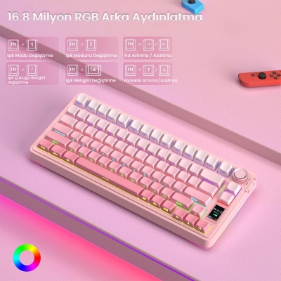 Aula S75 Pro Mekanik RGB TKL GrayWood V3 Switch Kablosuz Makrolu Hot Swap Klavye Gradyan Pembe - 5