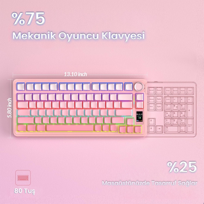 Aula S75 Pro Mekanik RGB TKL GrayWood V3 Switch Kablosuz Makrolu Hot Swap Klavye Gradyan Pembe - 9