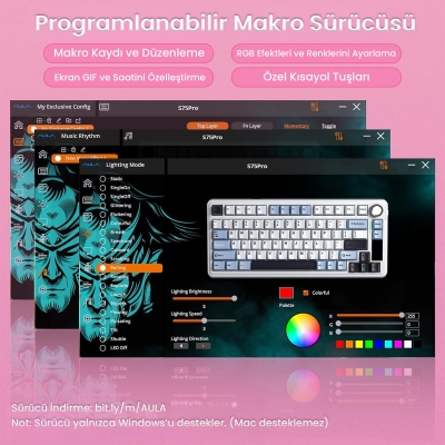 Aula S75 Pro Mekanik RGB TKL GrayWood V3 Switch Kablosuz Makrolu Hot Swap Klavye Gradyan Pembe - 8