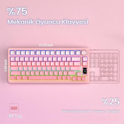 Aula S75 Pro Mekanik RGB TKL GrayWood V3 Switch Kablosuz Makrolu Hot Swap Klavye Gradyan Pembe - 9