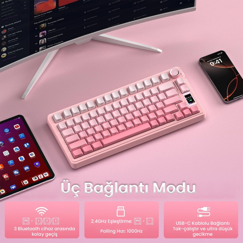 Aula S75 Pro Mekanik RGB TKL GrayWood V3 Switch Kablosuz Makrolu Hot Swap Klavye Gradyan Pembe - 4