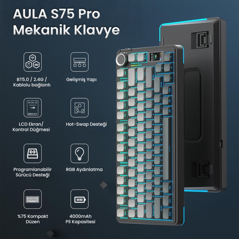 Aula S75 Pro Mekanik RGB TKL Seiya Switch Kablosuz Makrolu Hot Swap Klavye Gradyan Gri - 2