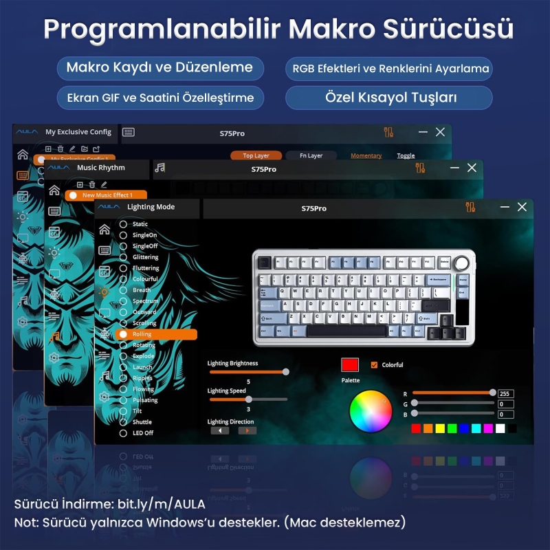 Aula S75 Pro Mekanik RGB TKL Seiya Switch Kablosuz Makrolu Hot Swap Klavye Gradyan Gri - 8