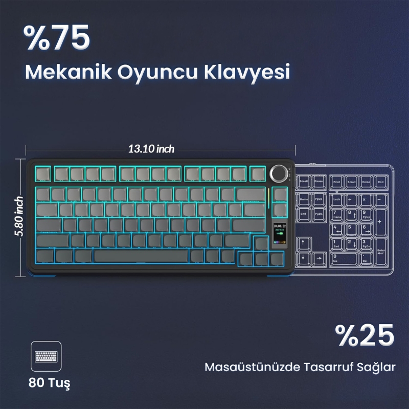 Aula S75 Pro Mekanik RGB TKL Seiya Switch Kablosuz Makrolu Hot Swap Klavye Gradyan Gri - 9