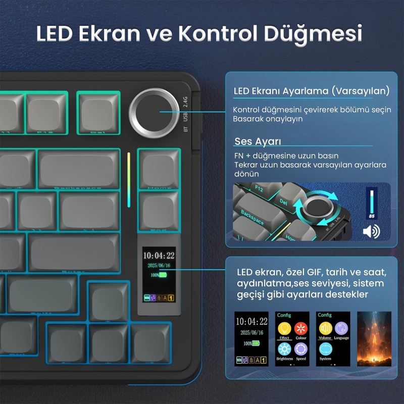 Aula S75 Pro Mekanik RGB TKL Seiya Switch Kablosuz Makrolu Hot Swap Klavye Gradyan Gri - 3