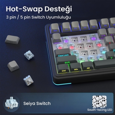 Aula S75 Pro Mekanik RGB TKL Seiya Switch Kablosuz Makrolu Hot Swap Klavye Gradyan Gri - 6