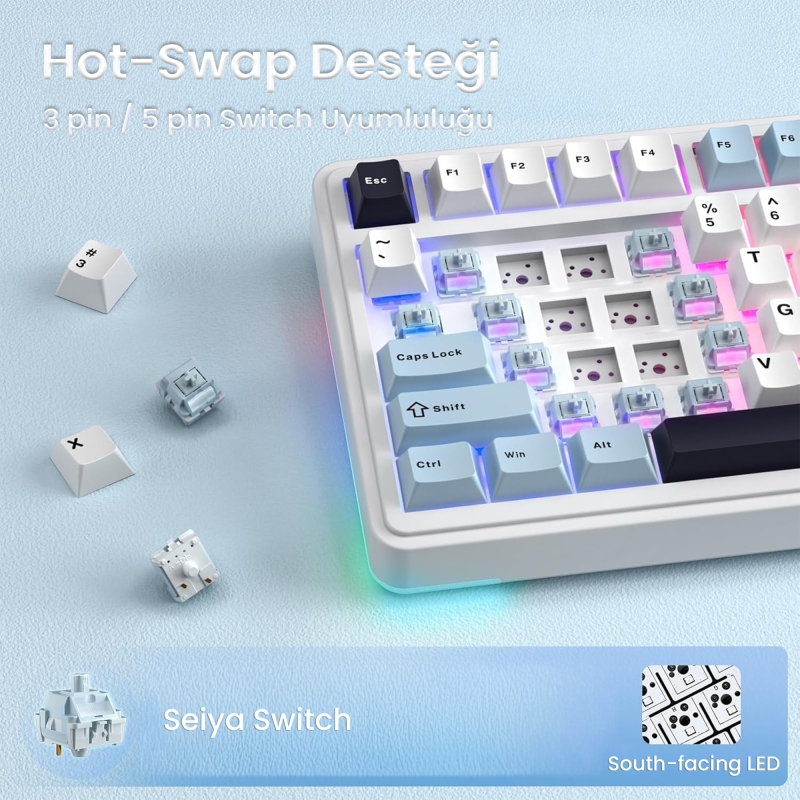 Aula S75 Pro Mekanik RGB TKL Seiya Switch Kablosuz Makrolu Hot Swap Klavye Lacivert - 6