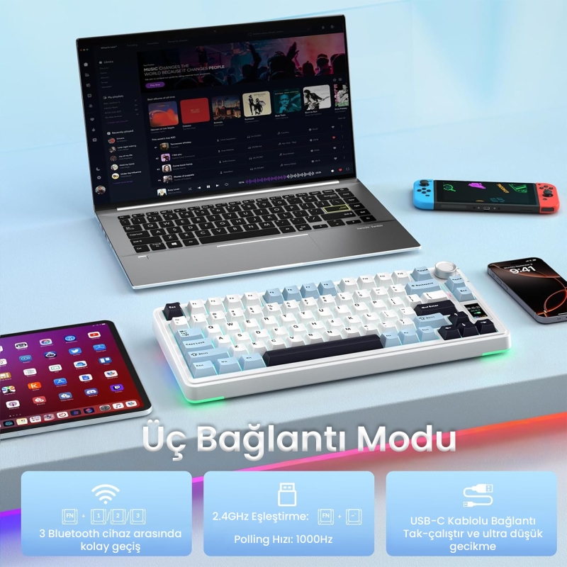 Aula S75 Pro Mekanik RGB TKL Seiya Switch Kablosuz Makrolu Hot Swap Klavye Lacivert - 4