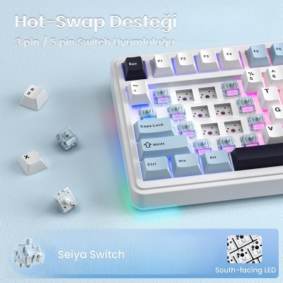 Aula S75 Pro Mekanik RGB TKL Seiya Switch Kablosuz Makrolu Hot Swap Klavye Lacivert - 6
