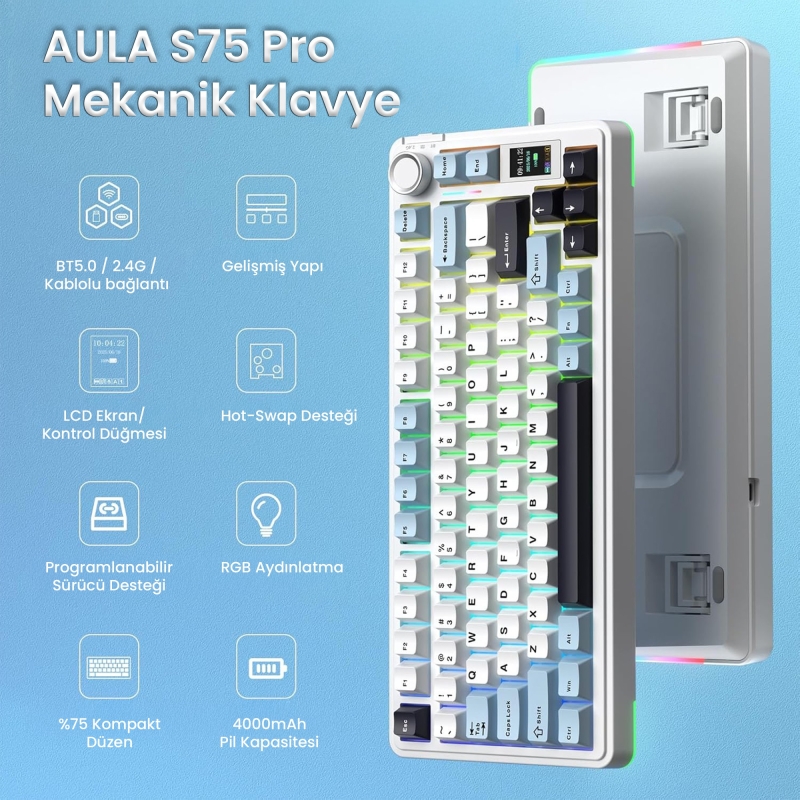 Aula S75 Pro Mekanik RGB TKL Seiya Switch Kablosuz Makrolu Hot Swap Klavye Lacivert - 2