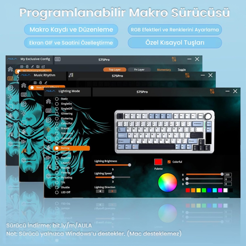Aula S75 Pro Mekanik RGB TKL Seiya Switch Kablosuz Makrolu Hot Swap Klavye Lacivert - 8