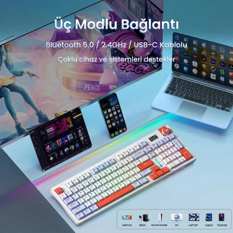 Aula S98 Pro 3 Modlu RGB Hot Swap Mekanik Nimbus V3 Switch Kablosuz Makrolu Klavye Turuncu - 3